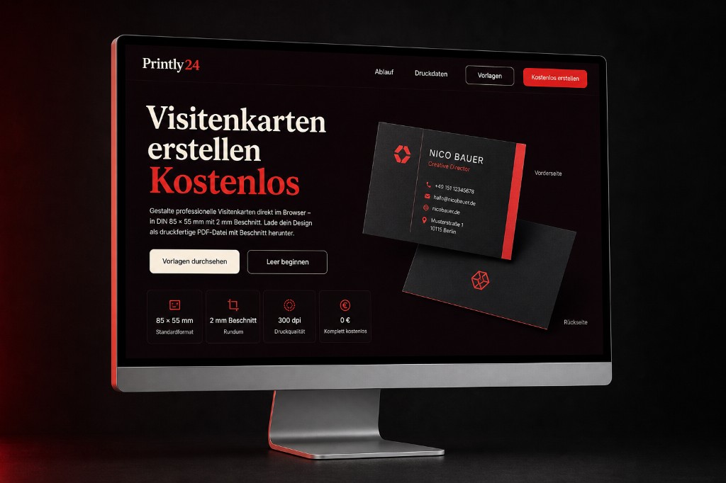 Printly24 Startseite zum Gestalten von Visitenkarten